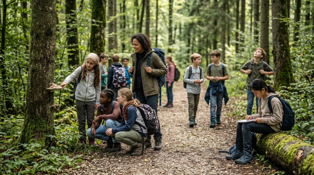 Schüler:innen beobachten und skizzieren Naturdetails auf einem zugänglichen Waldweg.