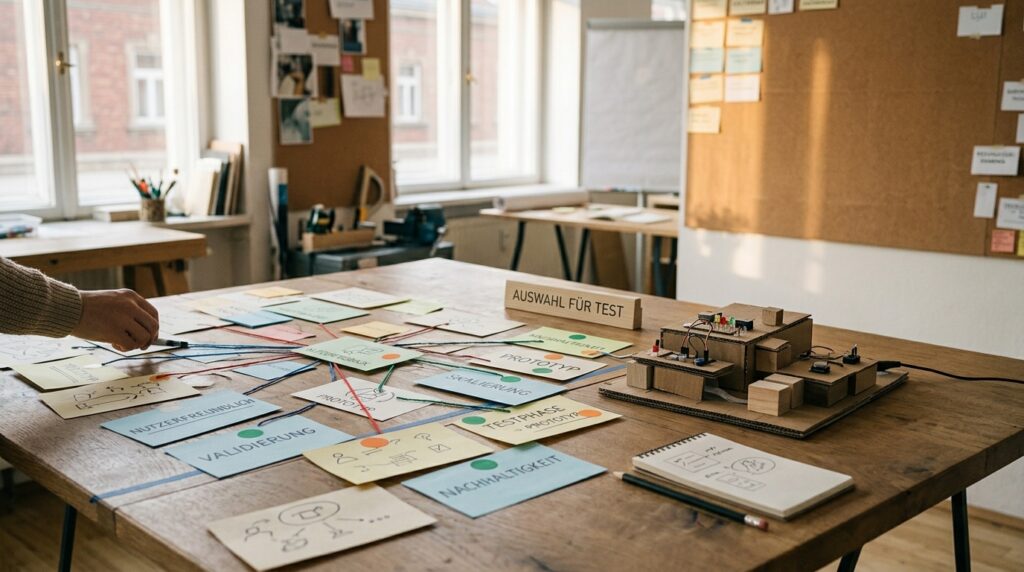 Aus einer Ideensammlung entsteht ein kleiner Prototyp für einen Ideenprozess.