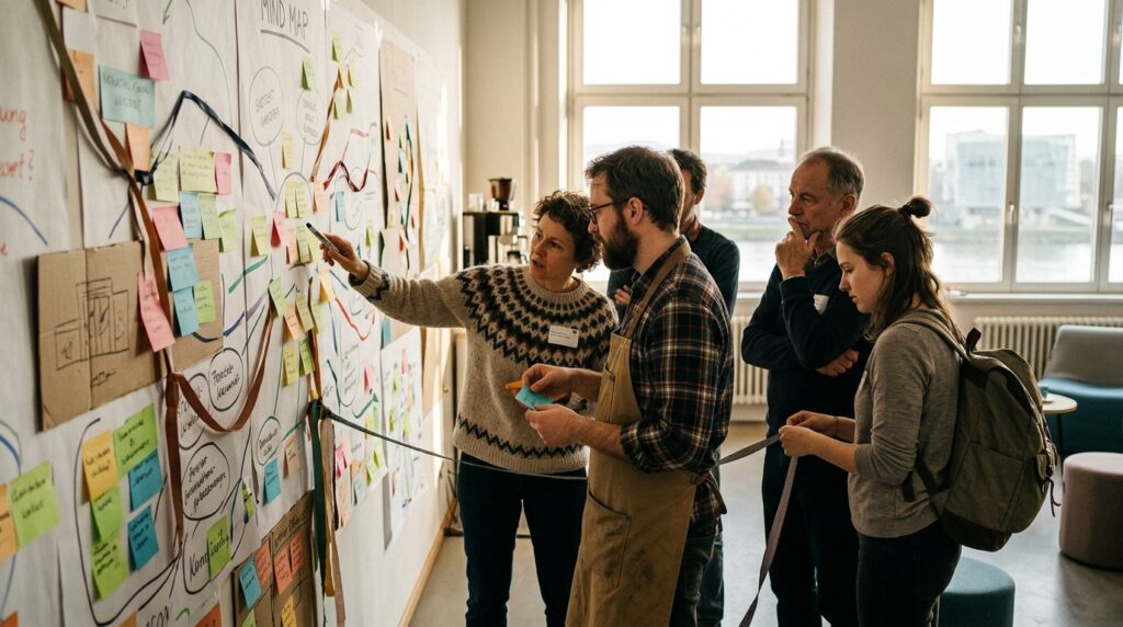 Diverse Personen ordnen Notizen und Verbindungslinien auf einer großen Mind Map in einem Innovationsworkshop.