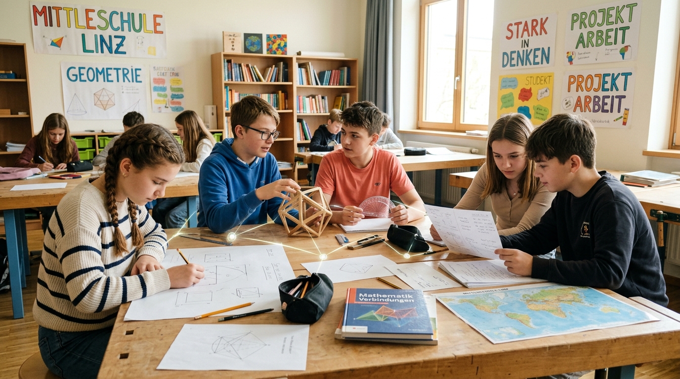 Jugendliche arbeiten in einem hellen Lernraum mit Skizzen, Karten und Materialien auf unterschiedlichen Lernwegen.