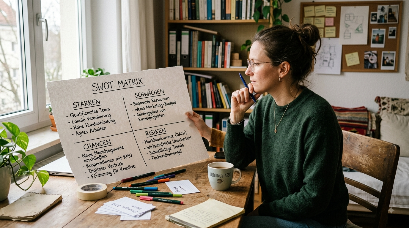 Kreative Person betrachtet eine SWOT-Matrix auf einem großen Blatt Papier, subtile Darstellung von strategischer Analyse und Reflexion