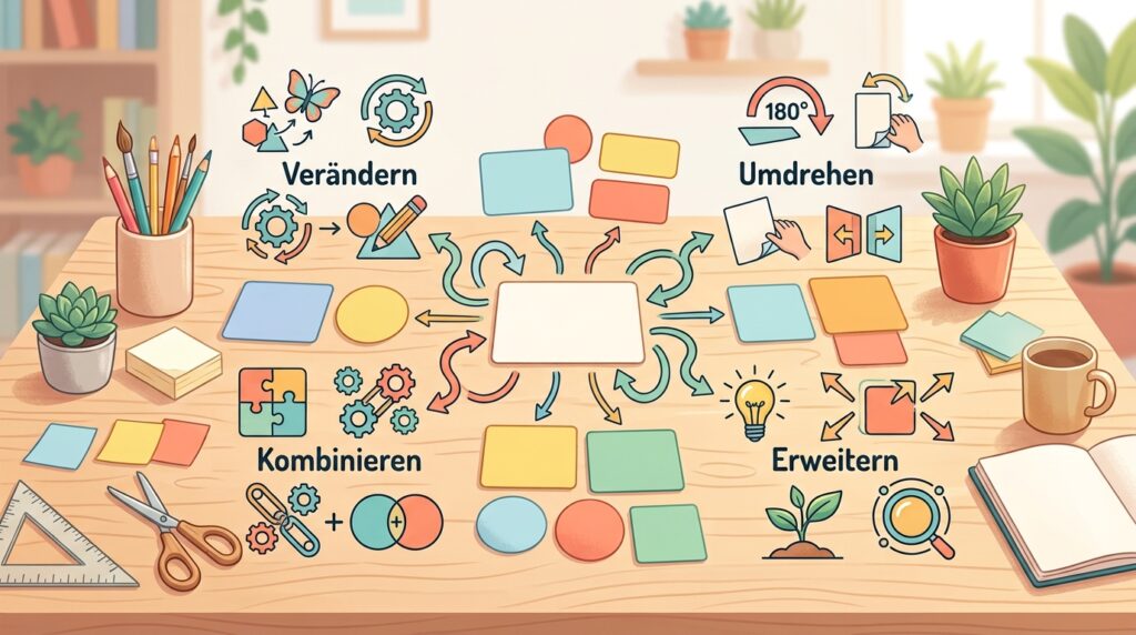 Strukturierte Karten mit Symbolen für Verändern, Kombinieren und Umdrehen