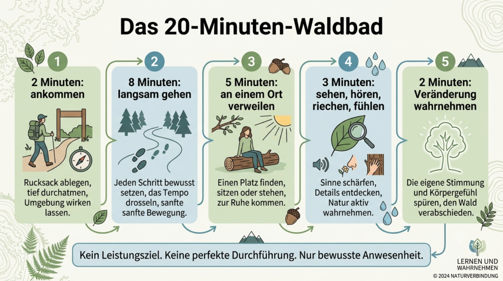 Grafik zeigt fünf Schritte eines 20-minütigen Waldbads: ankommen, langsam gehen, verweilen, Sinne öffnen, reflektieren.