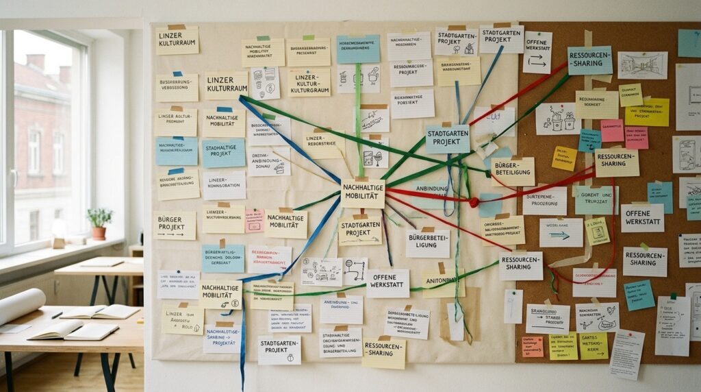Ein Ideenprozess wird auf einer Wand mit Karten und Verbindungslinien sichtbar dokumentiert.