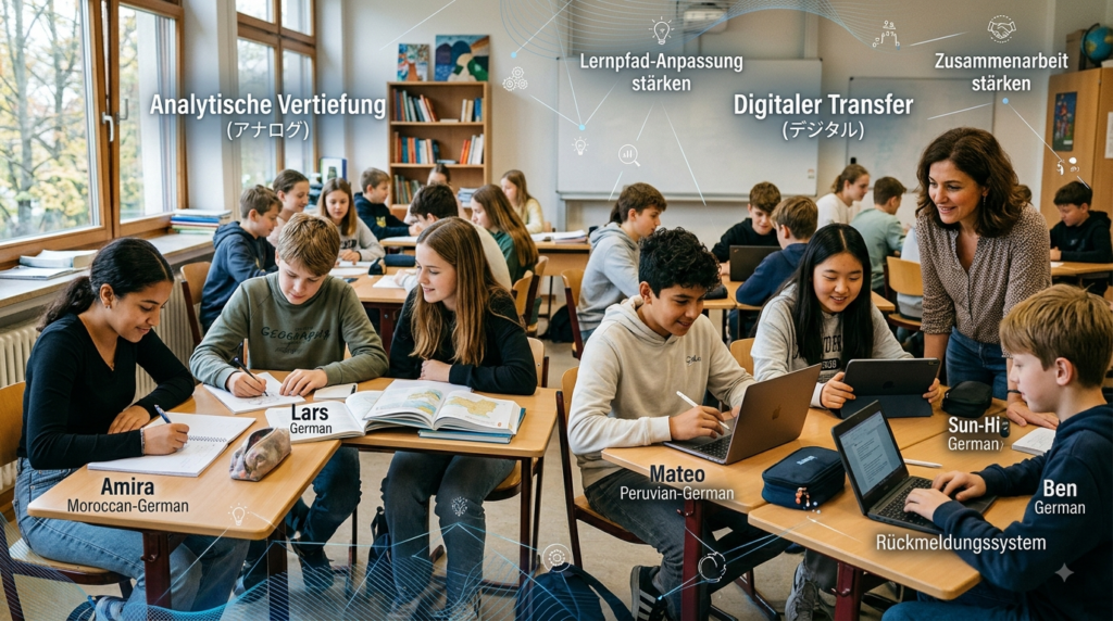 Unterschiedliche Lernformen im Klassenzimmer mit analogem und digitalem Arbeiten.