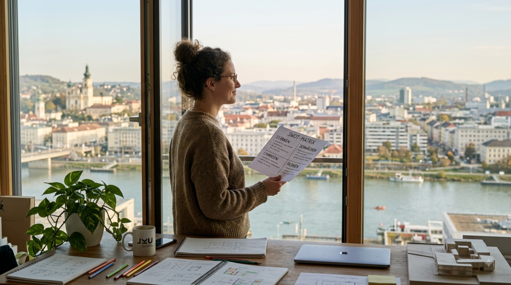 Kreative Person steht an einem Fenster und betrachtet eine SWOT-Matrix, subtile Darstellung von Klarheit und neuem Blickwinkel auf die Strategie