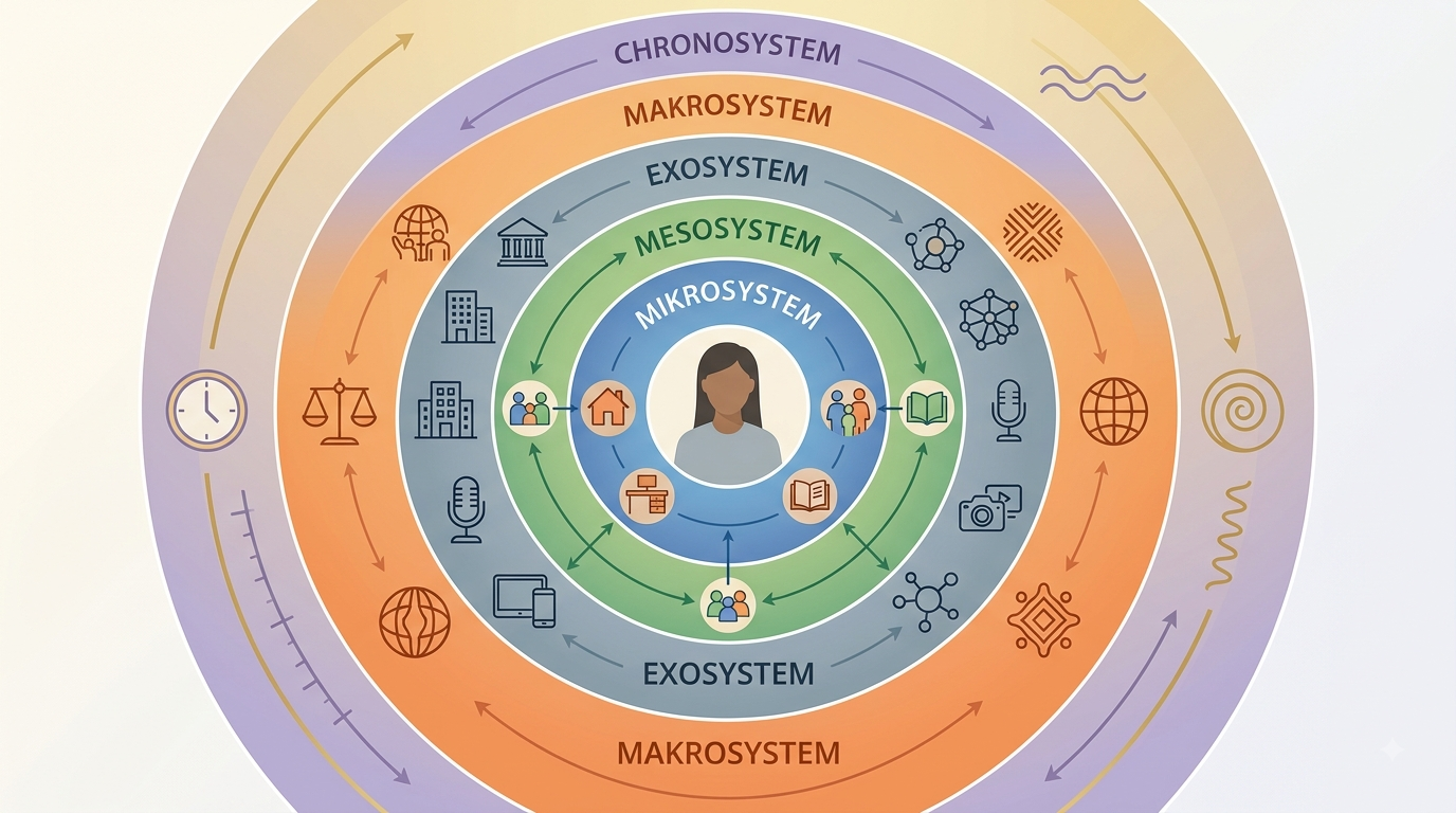 Grafische Darstellung von Bronfenbrenners ökologischem Systemmodell mit fünf konzentrischen Ebenen um eine Person im Zentrum
