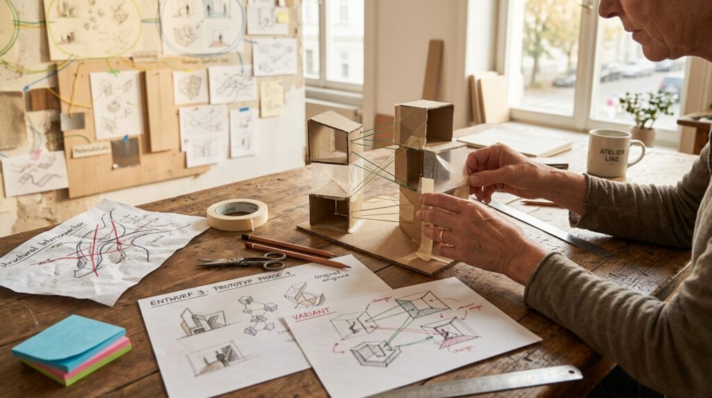 Ein ausgewählter kreativer Entwurf wird als kleiner Prototyp aus Papier und Materialproben umgesetzt.