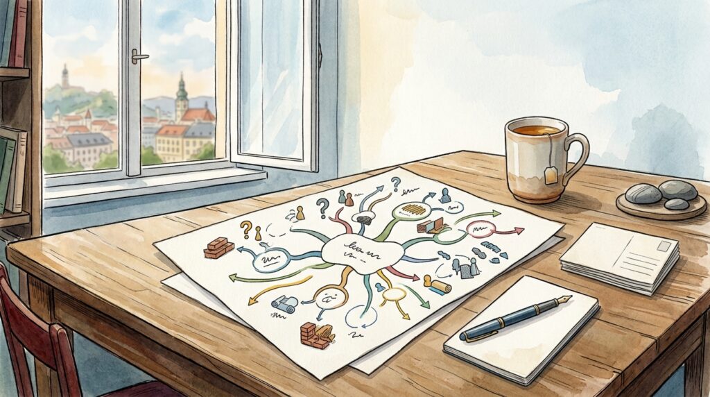 Abstrakte Mindmap mit farbigen Verzweigungen und Notizkarten auf einem Holztisch.