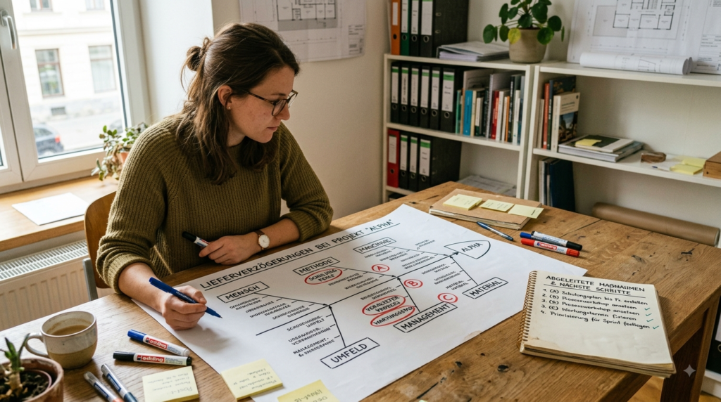 Kreative Person betrachtet ein ausgefülltes Ishikawa-Diagramm mit markierten Prioritäten und abgeleiteten Maßnahmen