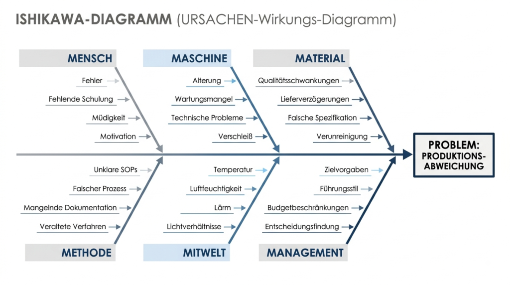 Schematische Darstellung eines Ishikawa-Diagramms mit beschrifteten Hauptgräten und Nebenursachen
