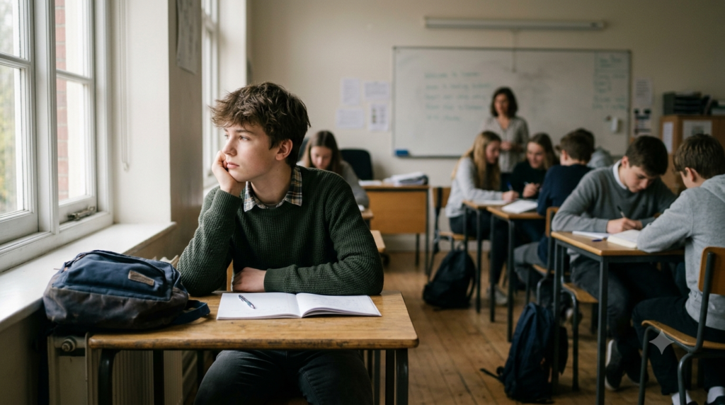 Nachdenklicher Schüler sitzt ruhig im Klassenzimmer, während andere arbeiten