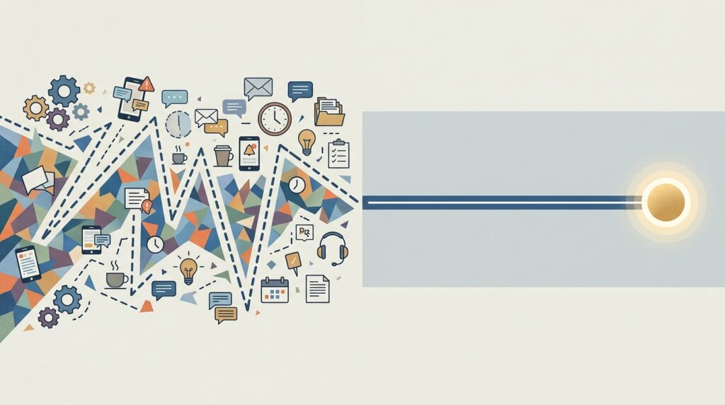 Grafik vergleicht fragmentierten Multitasking-Weg mit direktem Fokus-Weg