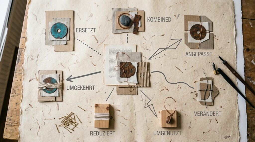 Grafische Darstellung eines zentralen Entwurfs mit sieben Linien zu unterschiedlichen Varianten der SCAMPER-Methode.