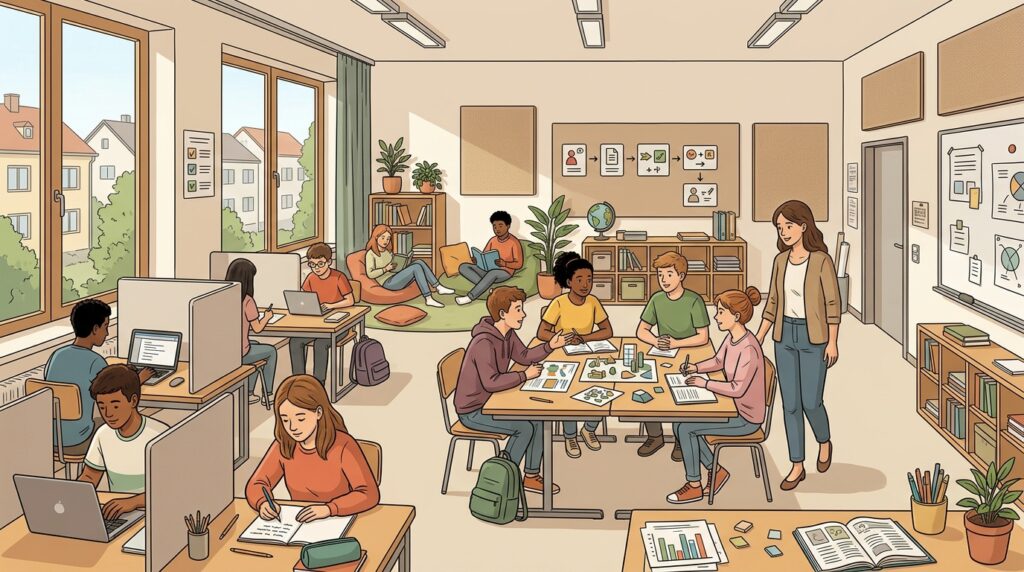 Heterogener Klassenraum mit Einzelarbeitsplätzen, Projekttisch und ruhigem Rückzugsbereich.