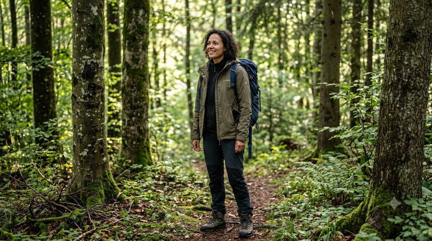 Person steht aufmerksam in einem Wald nahe Linz und nimmt die Umgebung ohne Smartphone wahr.