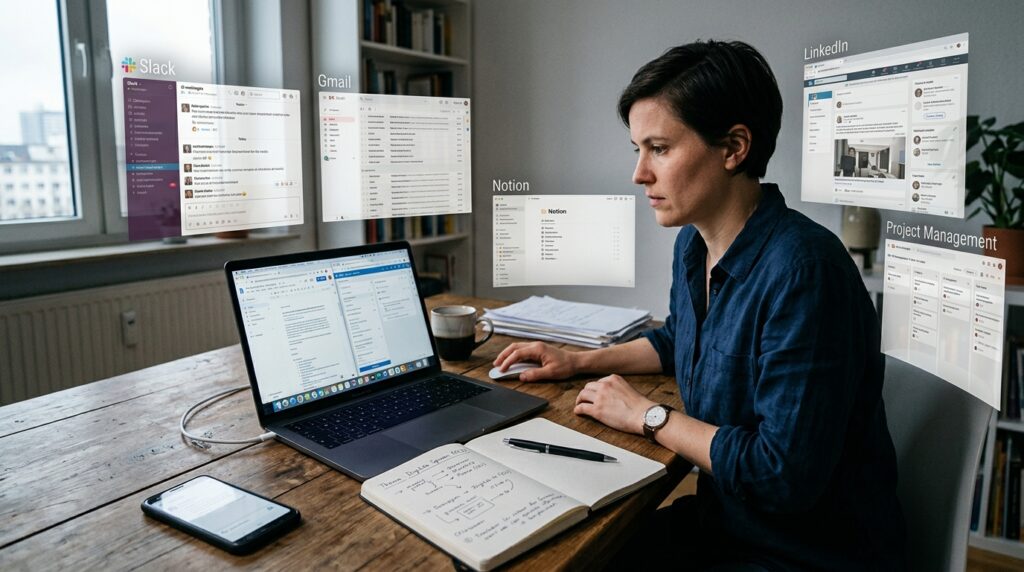Digitaler Arbeitsplatz mit sichtbaren Daten- und Plattformspuren.