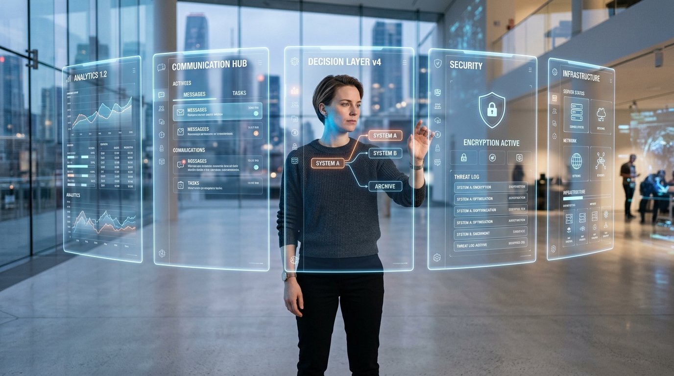Person vor mehreren digitalen Interfaces mit bewusst getroffener Auswahl.