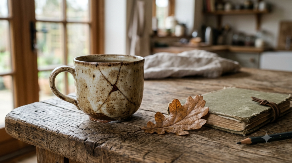 Alte reparierte Tasse und verwitterter Holztisch als Beispiel für die Wabi-Sabi-Ästhetik.