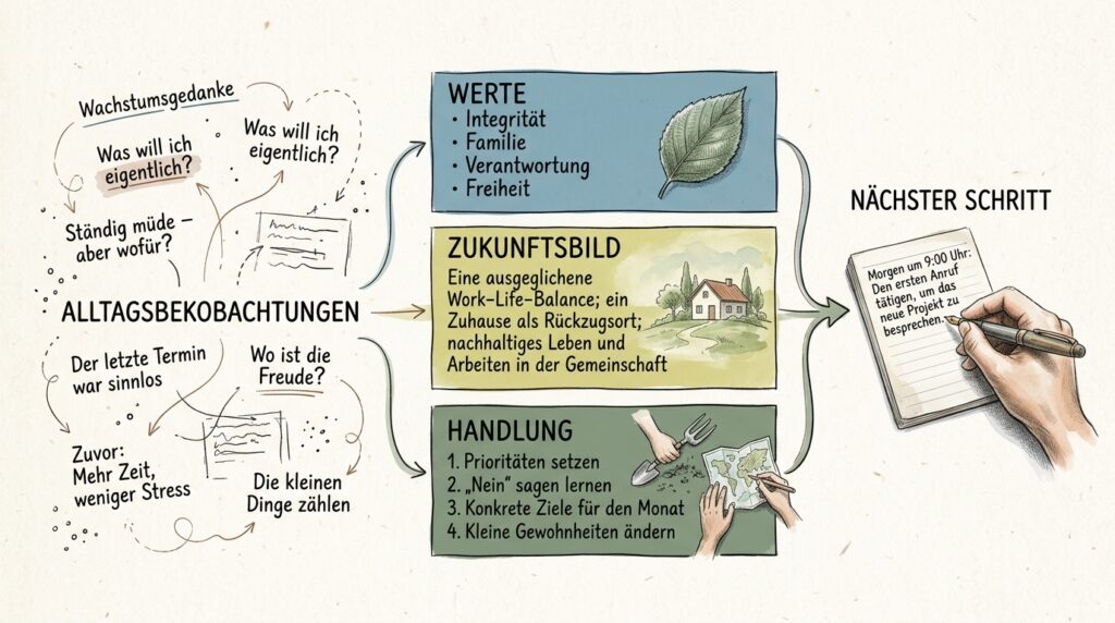 Grafische Darstellung des Weges von Alltagsbeobachtungen über Werte und Zukunftsbild zu einem konkreten nächsten Schritt.