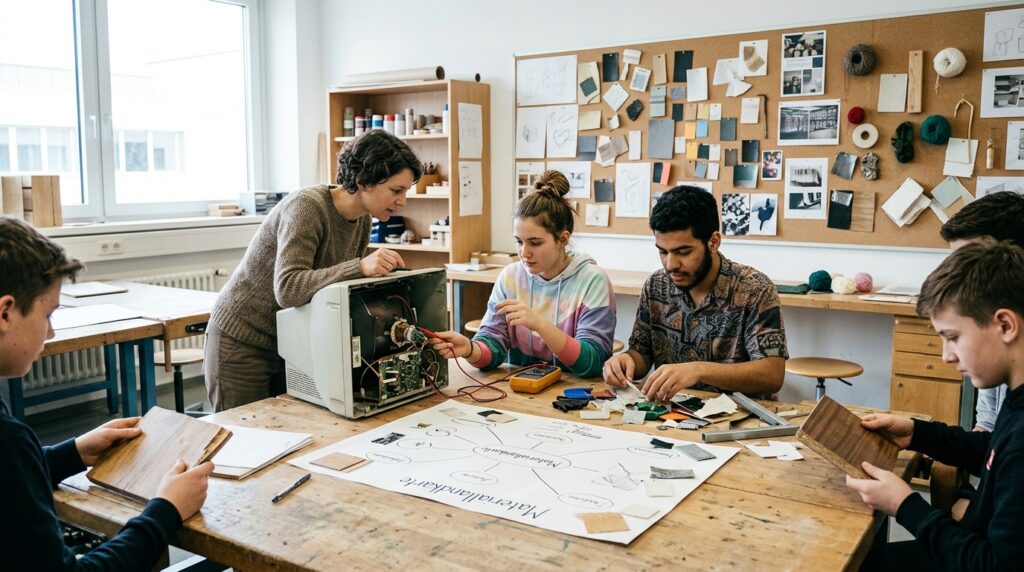 Schüler:innen und eine Lehrperson untersuchen gebrauchte Schulmaterialien und Möbel für ein Kreislaufwirtschaftsprojekt.
