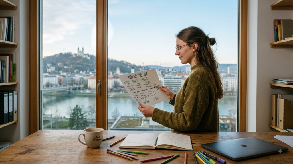 Kreative Person steht an einem Fenster und betrachtet ein Ishikawa-Diagramm, subtile Darstellung von Klarheit und neuem Blickwinkel auf das Problem