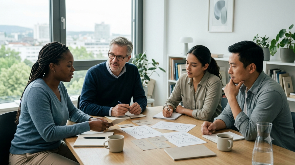 Diverse Gruppe reflektiert gemeinsam einen Projektablauf an einem Tisch.