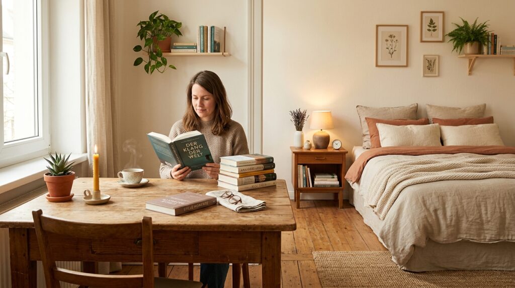 Ein gemütliches Schlafzimmer oder ein Esstisch ohne digitale Geräte. Stattdessen sind Bücher, eine Pflanze oder Kerzen zu sehen. Die Atmosphäre ist ruhig und einladend, kein Smartphone oder Laptop im Bild.