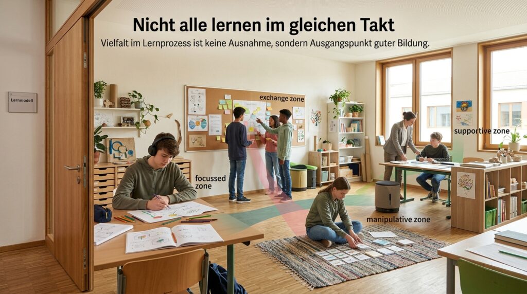 Lernende nutzen in einem Klassenraum unterschiedliche Arbeitsformen und Lernzonen.