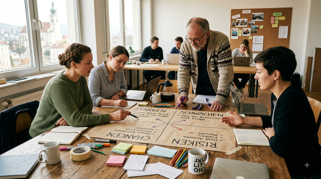 Team von 3–4 Personen arbeitet gemeinsam an einer SWOT-Matrix an einer Wand oder auf einem Tisch