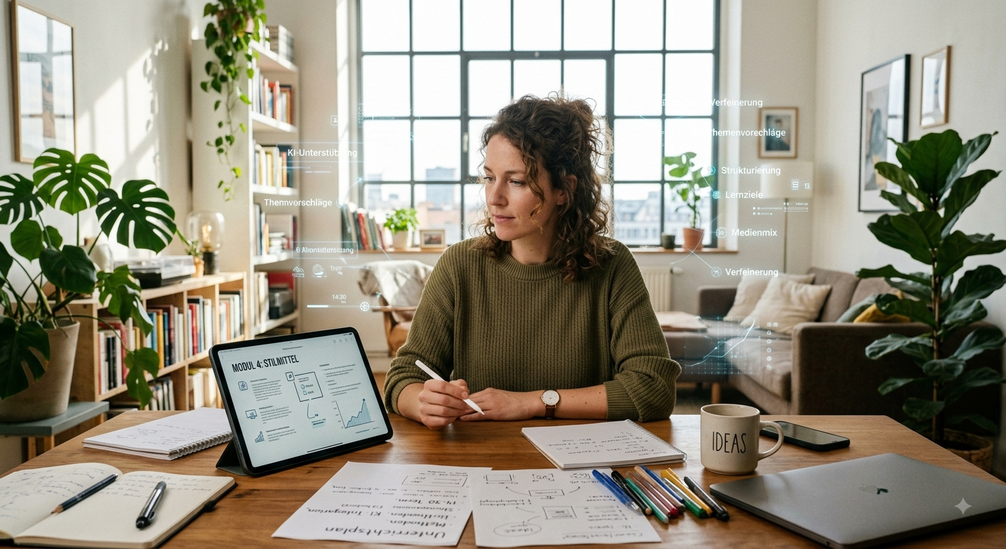 Person arbeitet konzentriert an Tisch mit digitalen und analogen Materialien, KI als dezente grafische Ebene angedeutet.