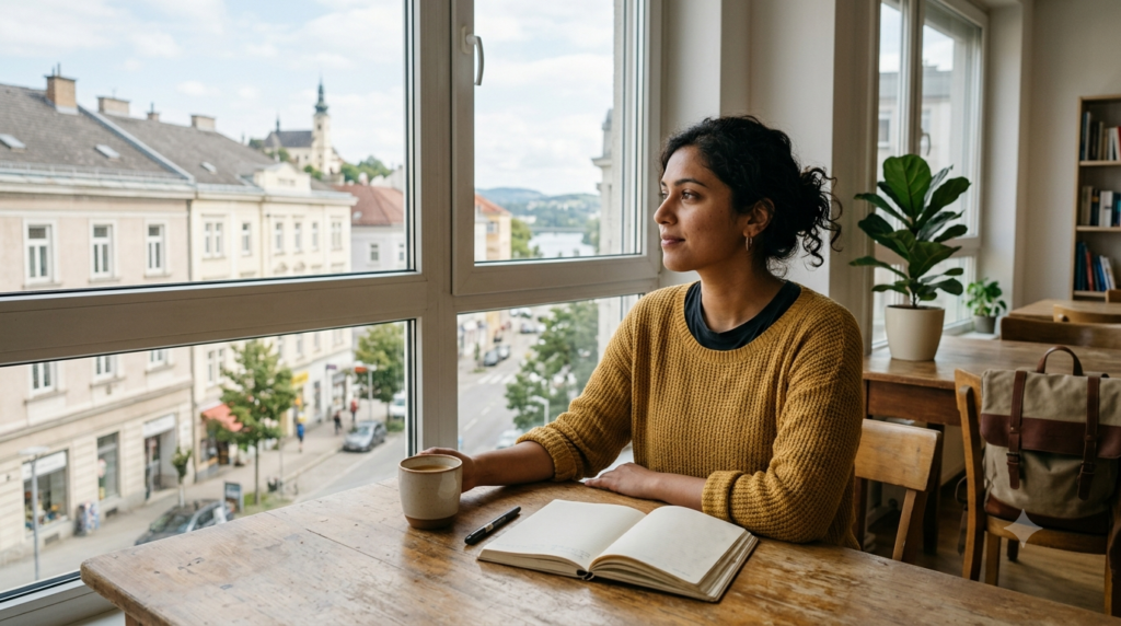 Person sitzt nachdenklich am Fenster und reflektiert über Sinn, Arbeit und den eigenen Weg.