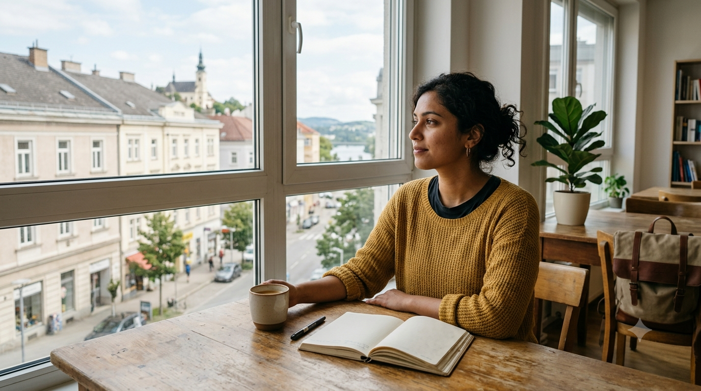 Person sitzt nachdenklich am Fenster und reflektiert über Sinn, Arbeit und den eigenen Weg.