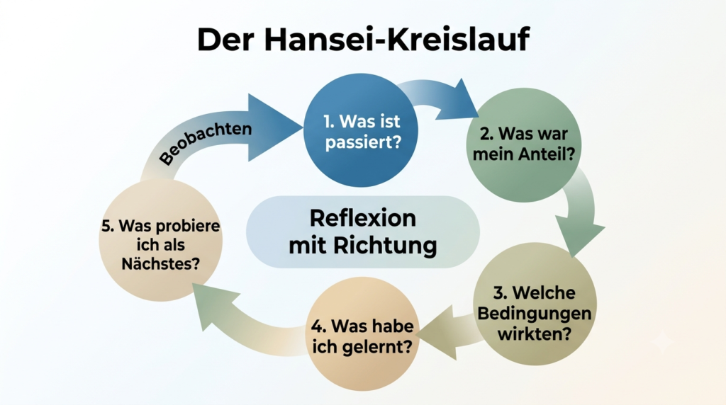 Prozessgrafik zeigt den Hansei-Kreislauf von der Beobachtung über Lernen und Veränderung bis zum nächsten Rückblick.