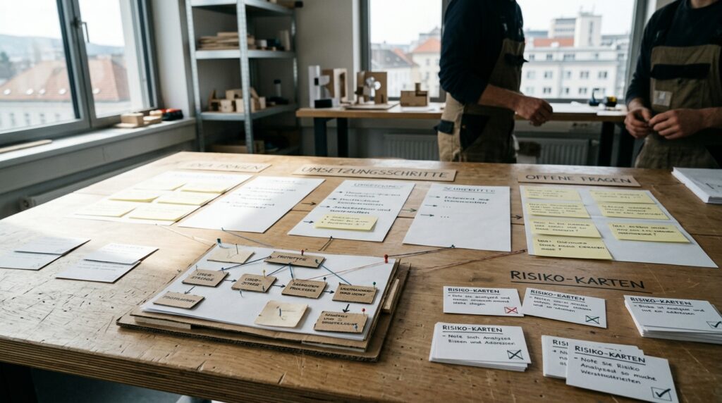 Kleiner Prototyp eines Ideenprozesses liegt neben markierten Risiken und Umsetzungsschritten.