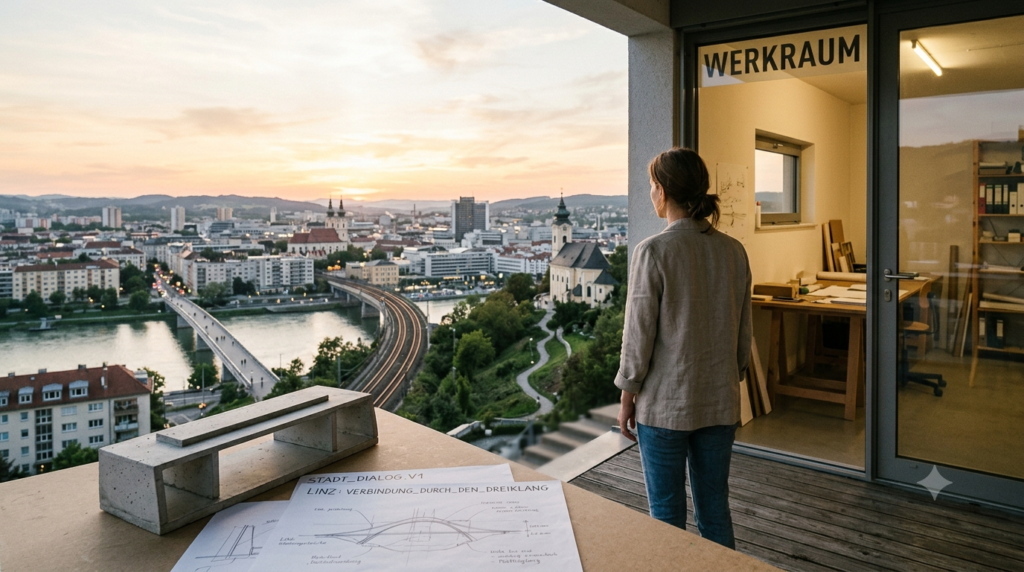 Kreative Person steht an einer Weggabelung zwischen Projektraum und offener Stadtlandschaft