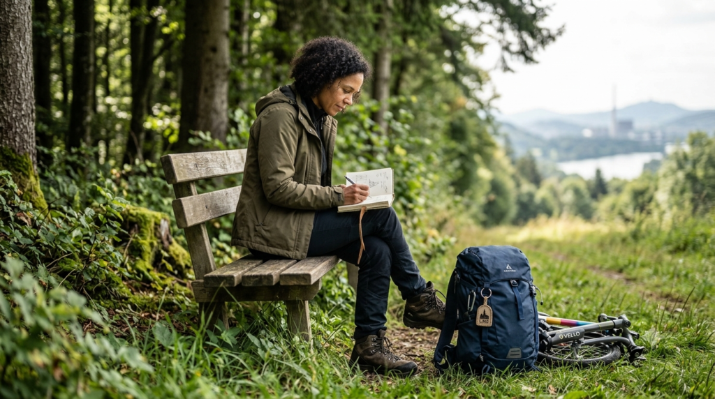 Person schreibt nach einem Waldspaziergang eine Idee in ein Skizzenbuch.