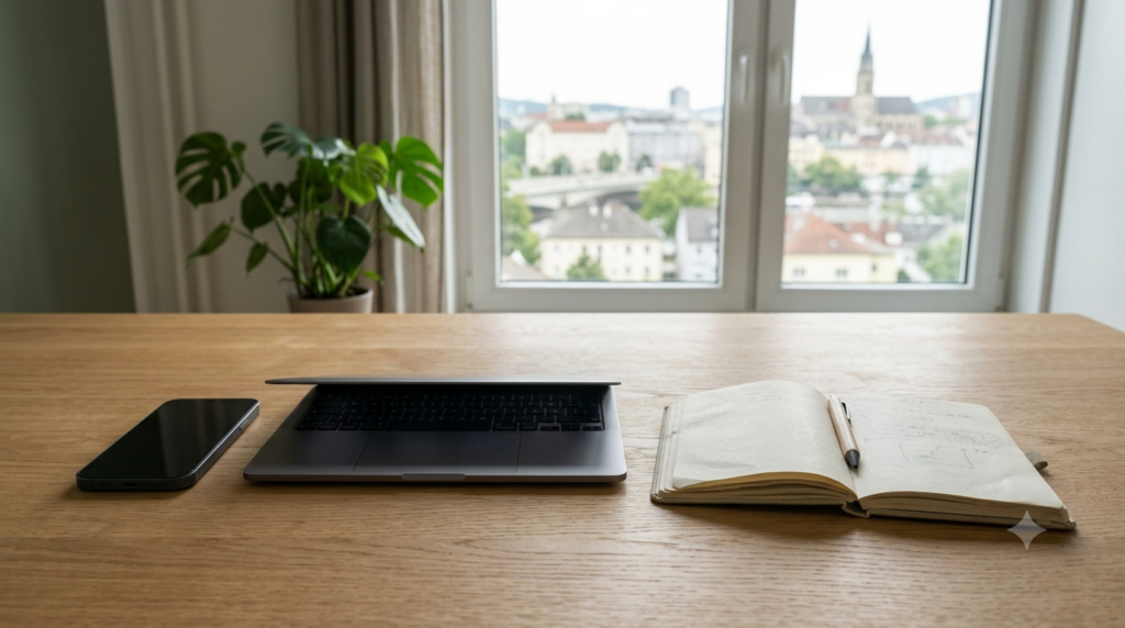 Smartphone liegt ausgeschaltet neben einem geschlossenen Laptop und einem analogen Notizbuch.