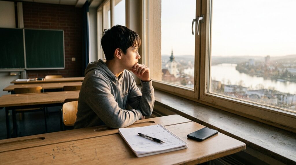 Schülerin oder Schüler sitzt nachdenklich am Fenster neben einem ruhigen Schreibtisch.