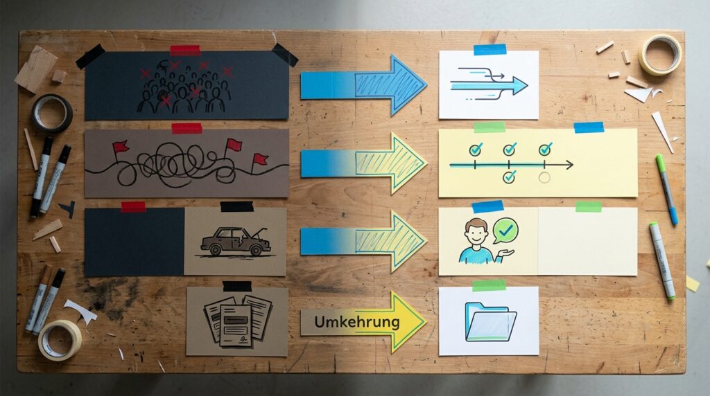 Gegenüberstellung negativer Prozessideen und konkreter Verbesserungsansätze auf einem Arbeitstisch.