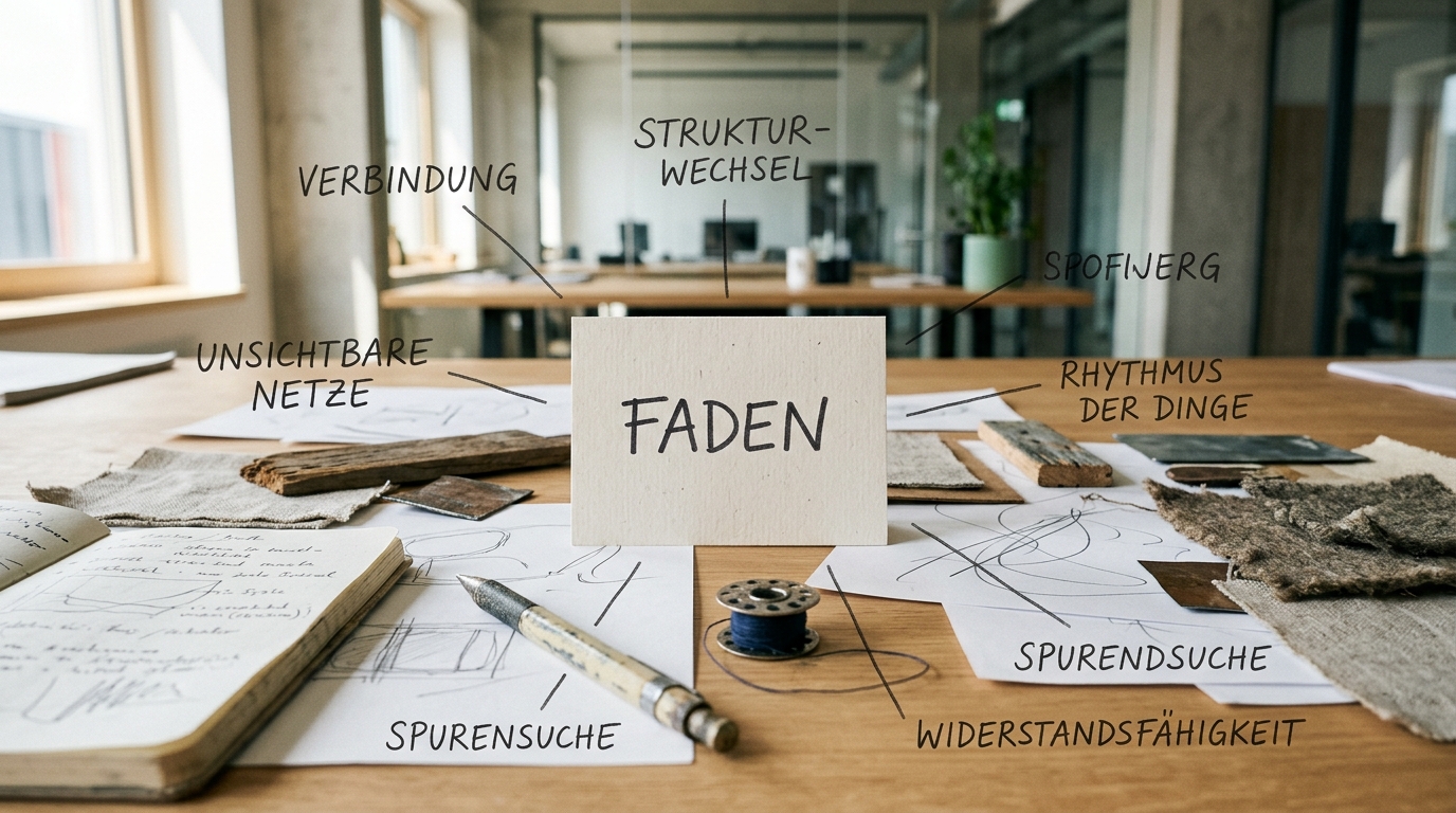 Zufälliges Wort zwischen Skizzen, Notizen und Materialien auf einem kreativen Arbeitstisch.