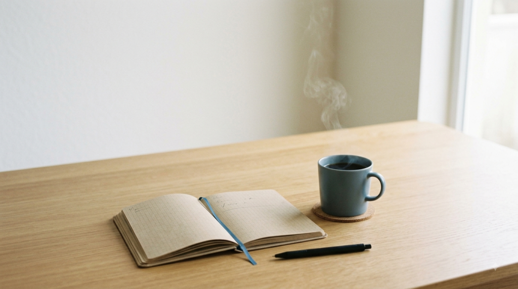 Ruhige Arbeitsszene mit Notizbuch und leerem Raum als Symbol für Reflexion.