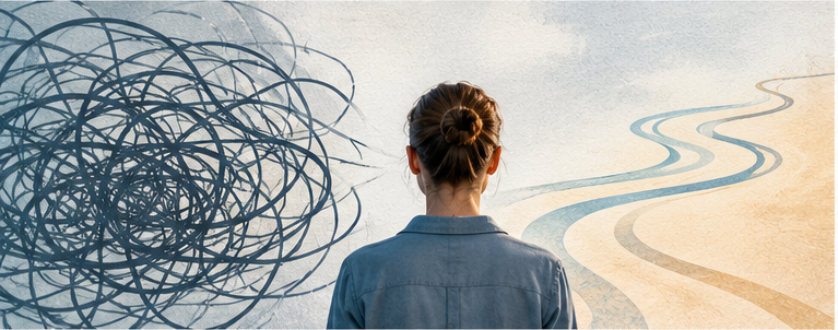 Abstrakte Illustration einer Person zwischen kreisenden Gedanken und einem klaren offenen Weg.