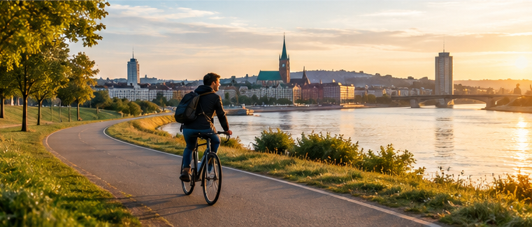 Person fährt mit dem Fahrrad auf einem kurvigen Weg an der Donau in Linz dem Abendlicht entgegen.