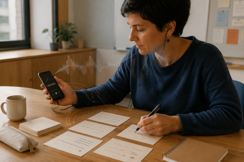 Person hört eine Sprachaufnahme ab und markiert auf Notizzetteln Betonungen und Pausen für eine Präsentation.