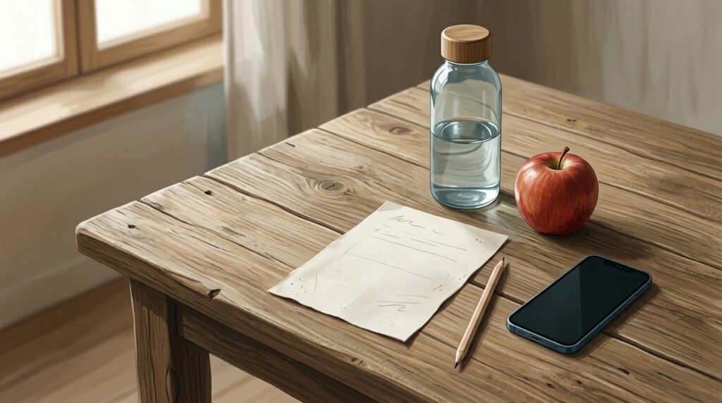 Ein Tisch mit einfachen Dingen, daneben ein ausgeschaltetes Smartphone und ein Notizblatt.
