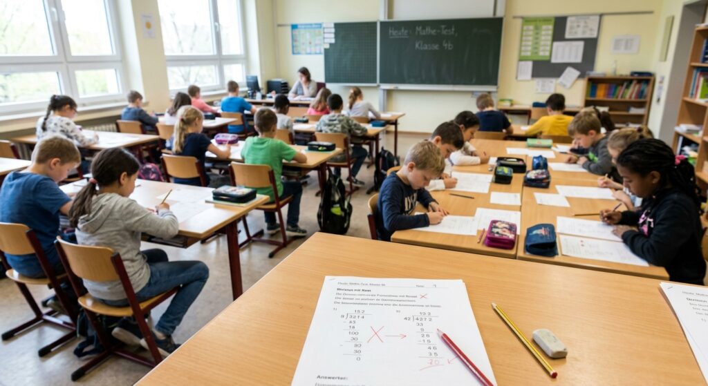 Schüler:innen arbeiten in einem hellen Klassenraum an Aufgaben, im Vordergrund ein Blatt mit einer als falsch markierten Antwort.