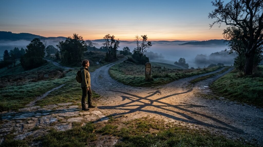 erson an einer Weggabelung in der Dämmerung mit Nebel und mehreren sichtbaren Wegen.