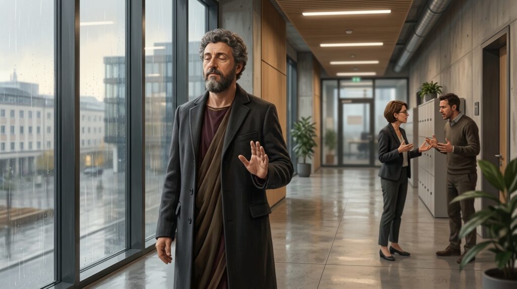 Marc Aurel in einem Büroflur oder Schulgang mit ruhiger, aufrechter Haltung.
