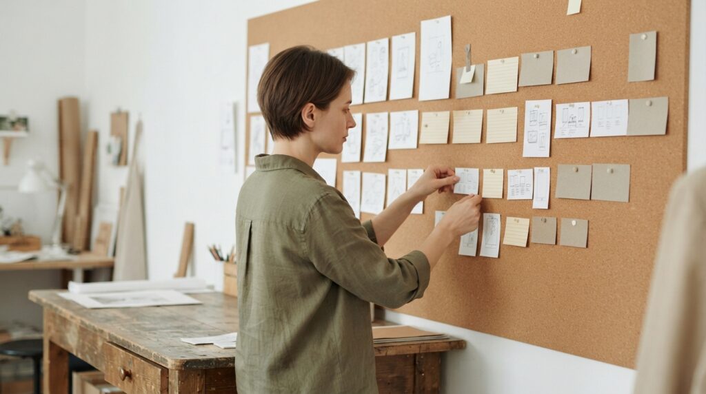 Eine Person ordnet kleine Arbeitsschritte und Zwischenstände in einem kreativen Arbeitsraum.
